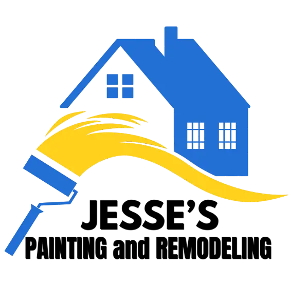 A blue house graphic with a paint roller creating a yellow swoosh. Below are bold black words: JESSE’S PAINTING and REMODELING.